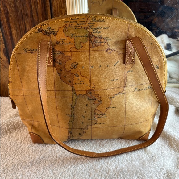 Alviero Martini Handbags - Alviero Martini La Classe Geo Map Leather Print Soft Shoulder Travel Bag Brown